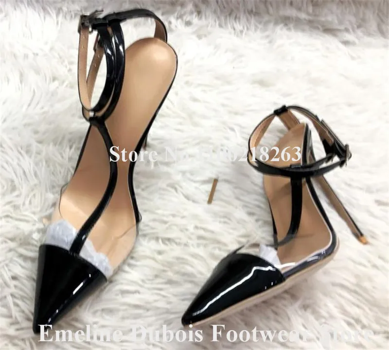 PVC Patchwork Pumpen Emeline Dubois Spitz Neon Gelb Klar Transparent Stiletto Ferse Schuhe Ankle Straps High Heels Größe 45