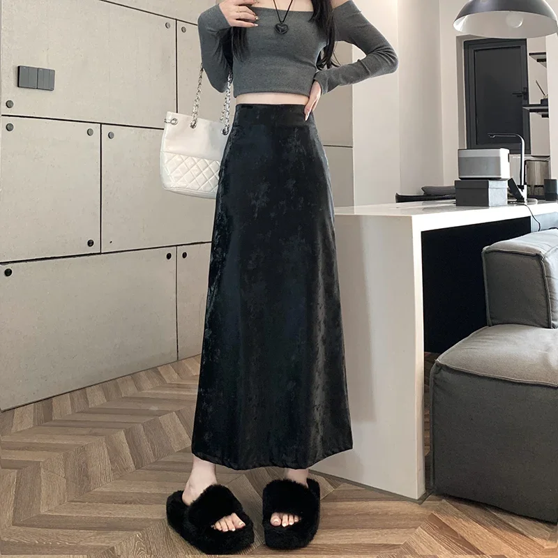 Women 2024 Autumn Winter Leather Skirt New Retro Split-ended Long Skirt Streetwear Y2k