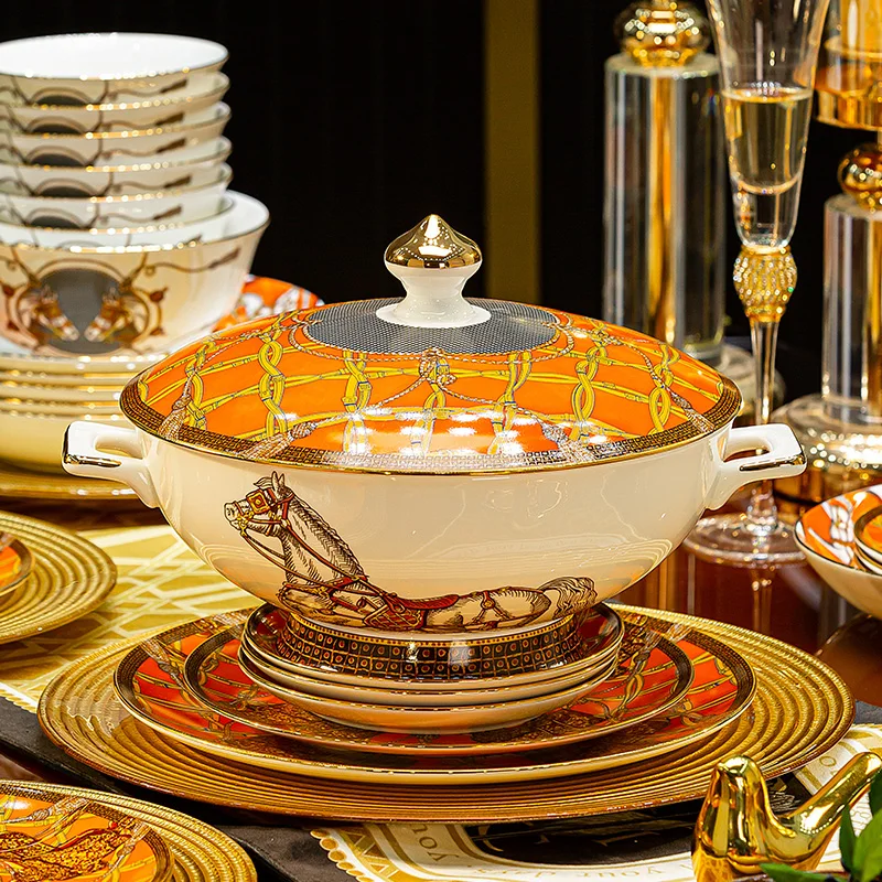 Luxury European Dinnerware Set Hand-Painted Gold Trim Bowls and Plates Premium Restaurant Dinner Plates Elegant Tableware