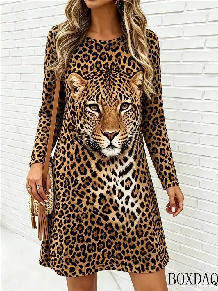 Ladies' Spring and Autumn Long Sleeve Dress Casual Round Neck Animal Pattern Printed Women's Dress Loose Comfortable Dresses