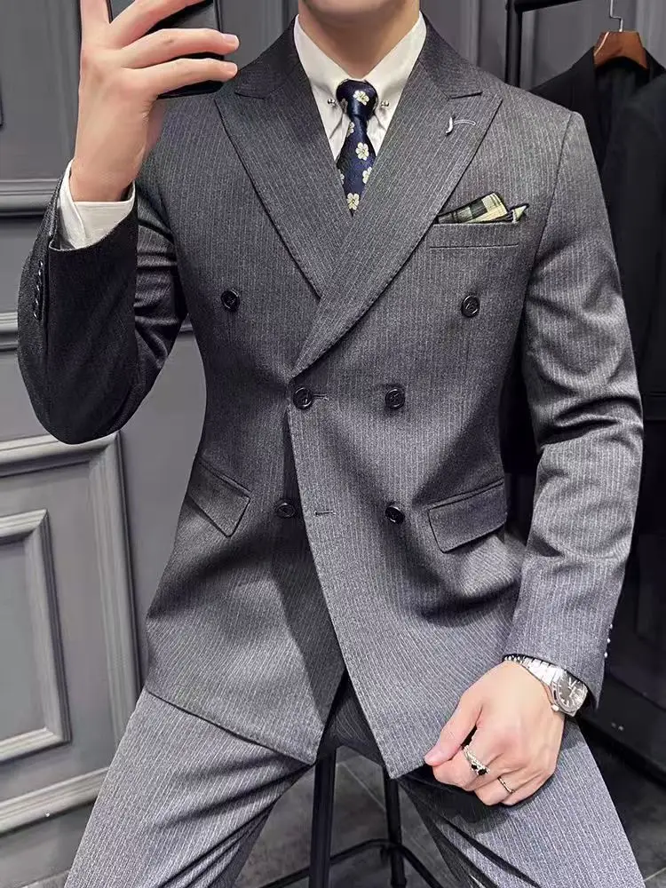 Y056Men's suits British slim business suits groom wedding dress Korean slim striped double-breasted suits