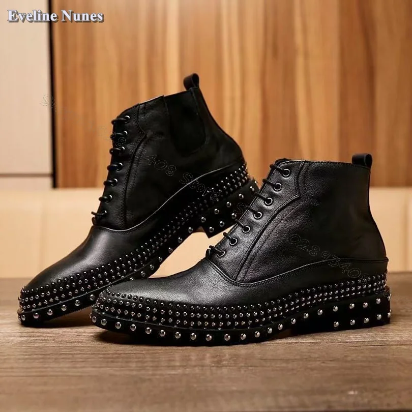 

Lace up Rivet Decor Ankle Boots Soft Leather Men Shoes British Style Party Shoes Fall Stylish Boots Size 38-45 Zapatillas Mujer