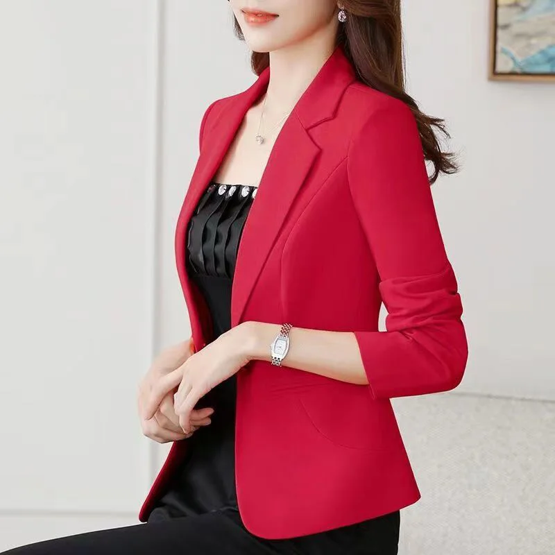 Blazer feminino elegante com botões de lapela, bolsos soltos, monocromático, tops casuais, roupas de escritório com tudo a combinar, novo, outono,