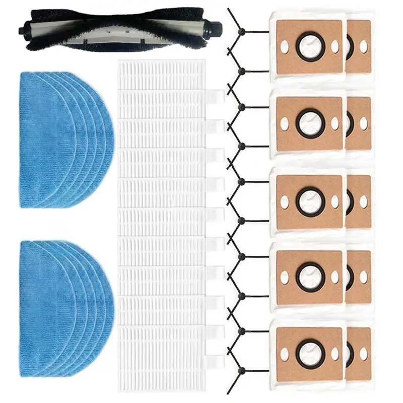 

Запасные части для пылесоса ILIFE A30 Pro: основная щетка, боковая щетка, HEPA-фильтр, салфетка для влажной уборки, мешок для сбора пыли, аксессуары.