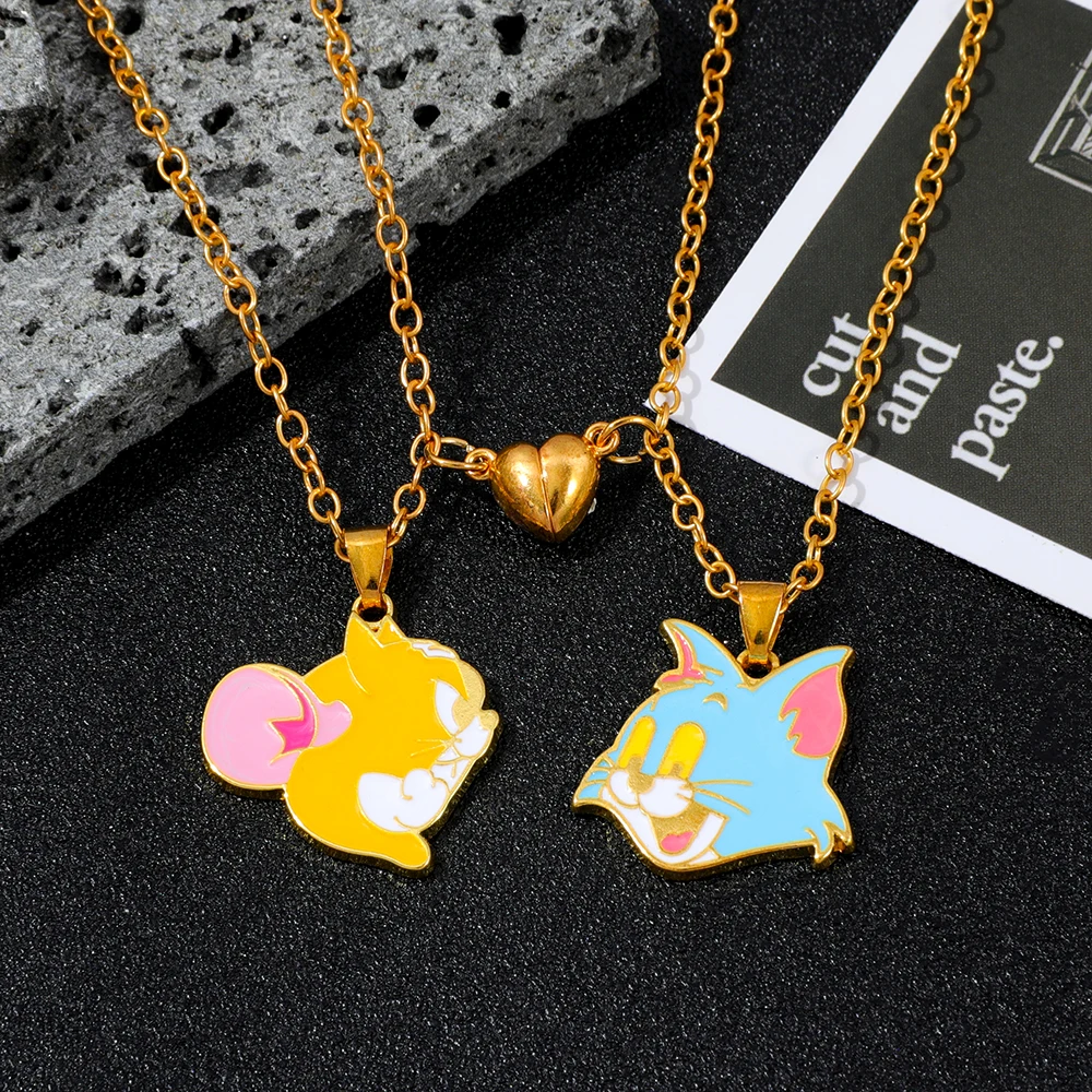 2 colgantes magnéticos con forma de corazón de Tom y Jerry, collar animado adorable para parejas y amigos, accesorio de joyería.
