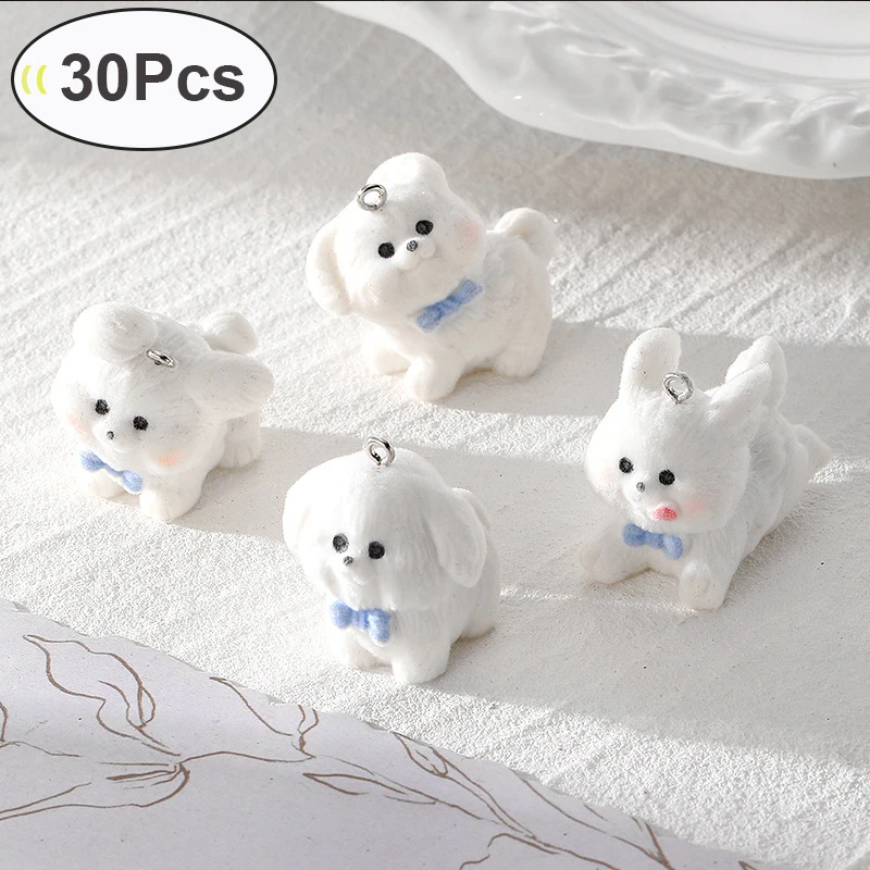 

30Pcs Bulk Wholesale Kawaii Flocking Bow White Dog Resin Charms 3D Running Puppy Animals Pendants for Keychains DIY Jewelry Make