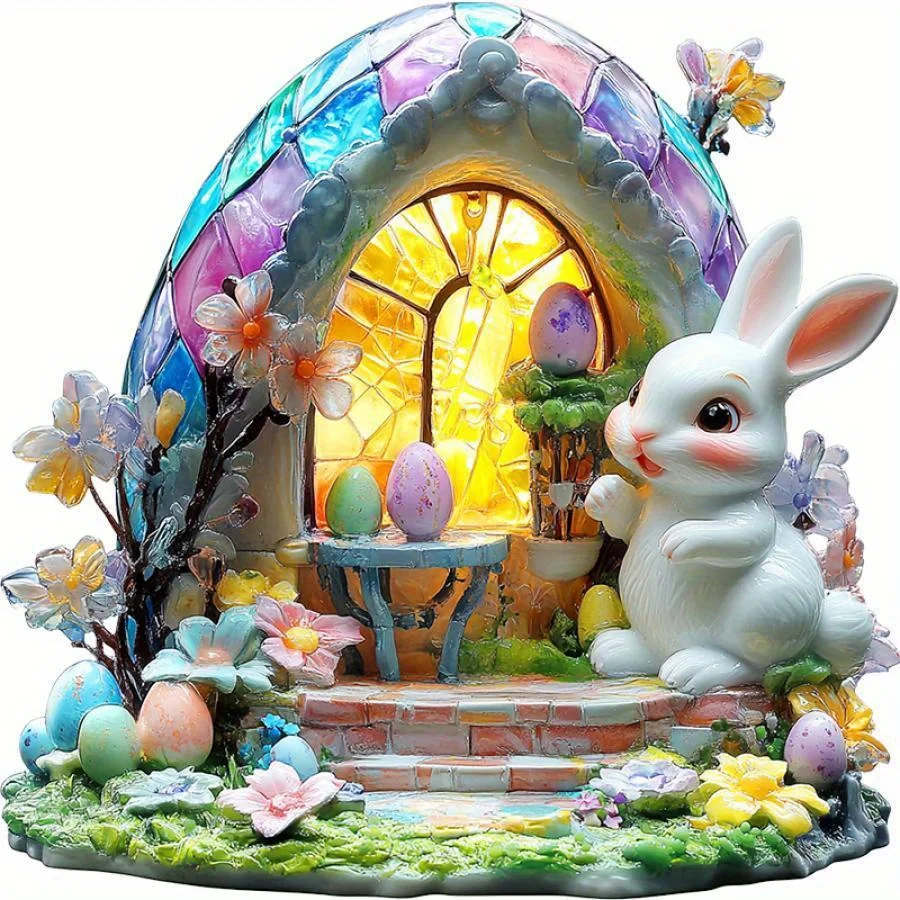 Easter bunny and bunny house tabletop decoration ornament. Made of acrylic, suitable for home and office decoration.