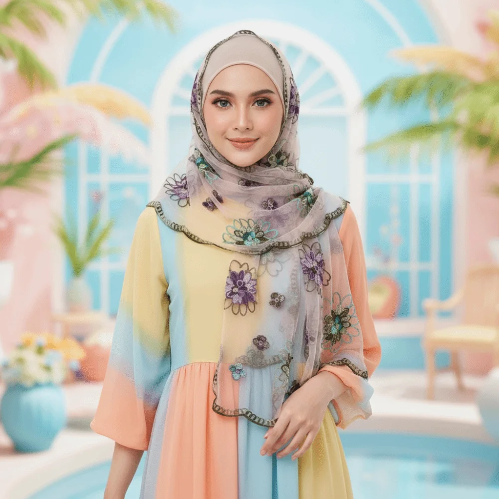 Lace Scarf Embroidered Floral Headwrap Breathable Lightweight Sheer Shawl Colorful Soft Summer Hijab Travel Photoshoot