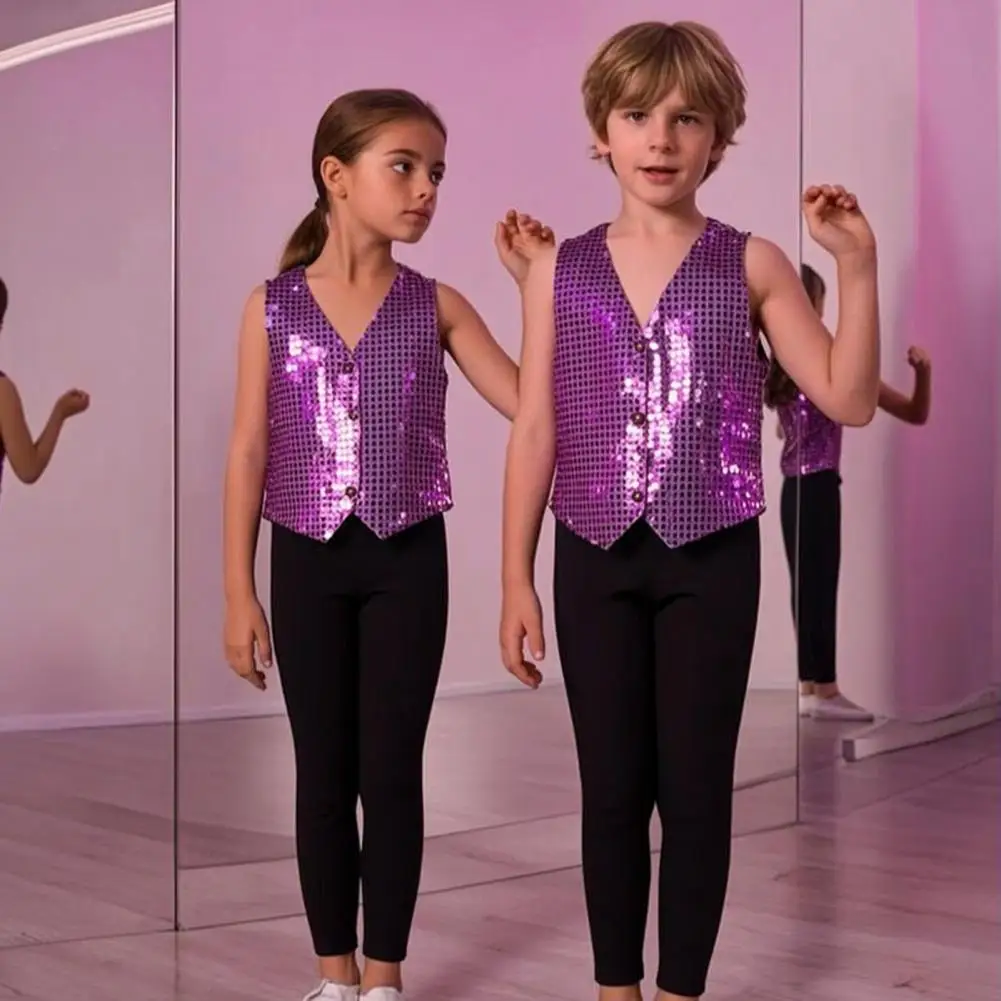 2PCS Children's Sequin Performance Vest,Shiny Checkered Costume Front Button Closure Dance Apparel for Kids Boys And Girls