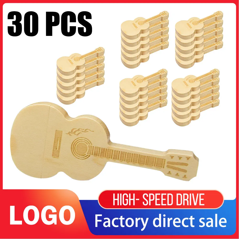 30pcs Free Custom LOGO Wooden Guitar USB2.0 Flash Drive 4GB 8GB 16GB 32G 64GB 128GB Comes Gifts Pen Drives Box Memory Stick