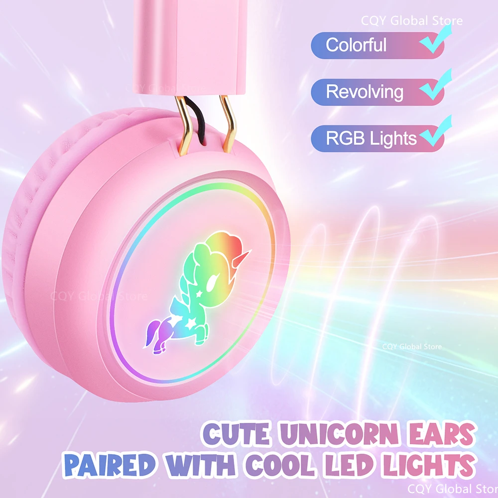 Écouteurs sans fil licorne RGB pour enfants, casque avec micro, musique stéréo, commande licorne, mignon, lumière RGB, cadeau pour filles