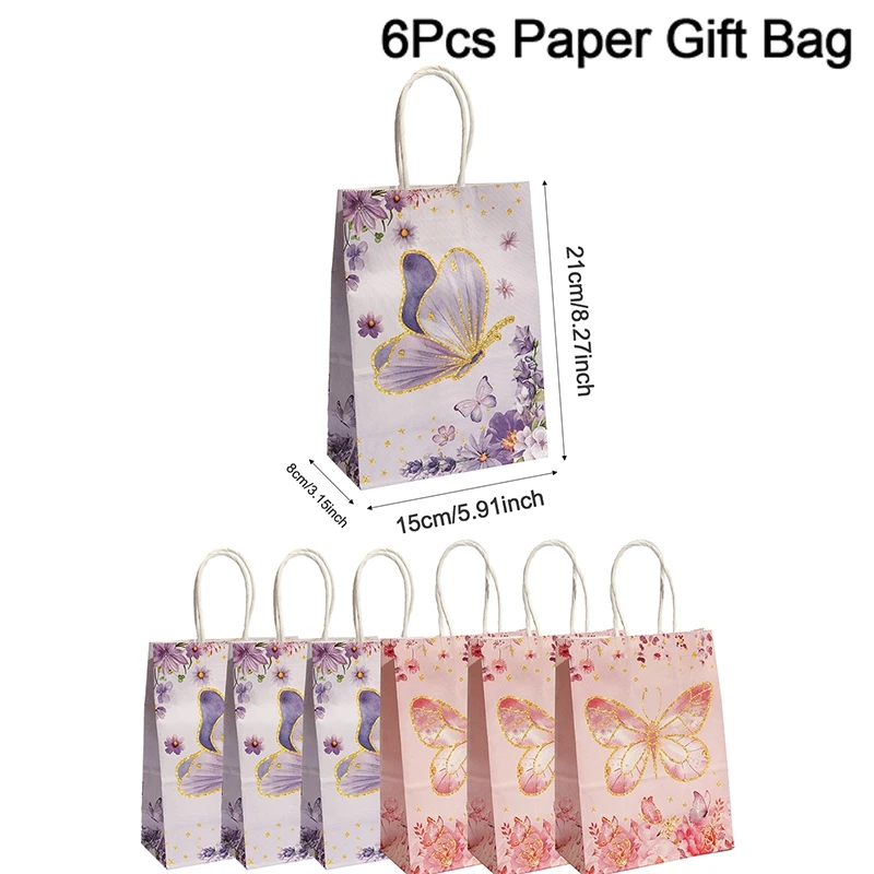 6 Pcs Butterfly Themed Paper Gift Bags, Pink And Purple Butterfly Pattern Tote Bags for Weddings Decor, Birthday and Party Decor