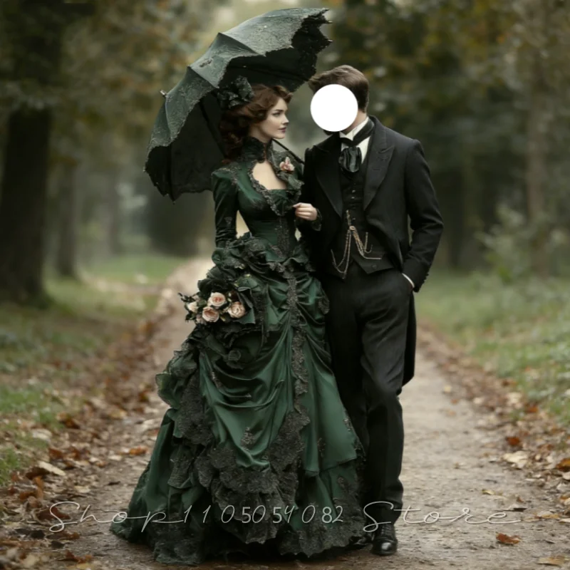 

18th Century Victorian Dark Green Ball Gowns High Neck Lace A-Line Pleated Vintage Party Birthday Evening Dress Customized