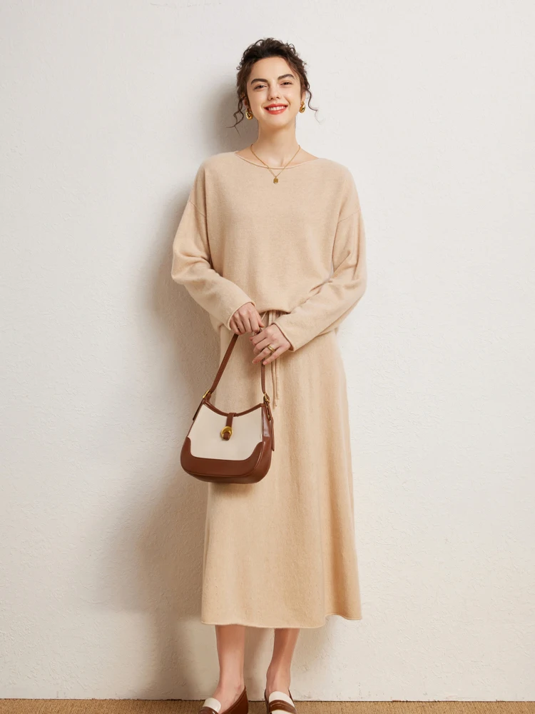 Autumn Winter 100% Cashmere Sweater Luxury Women's  Pullover Skirt Two Pieces Set Casual Loose  Office Lady Cashmere Knit Set