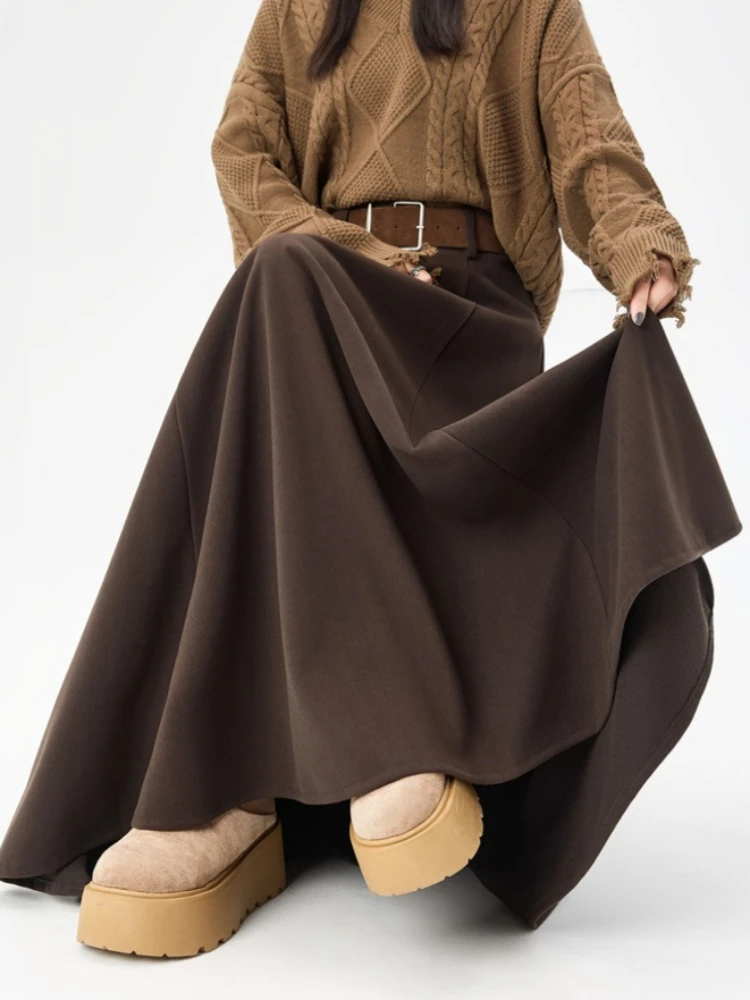 تنورة طويلة سميكة عالية الجودة للنساء لخريف وشتاء 2025 تنورة عالية الخصر مع حزام عتيق أنيق بقصة ضيقة ملابس الشارع Faldas جديد