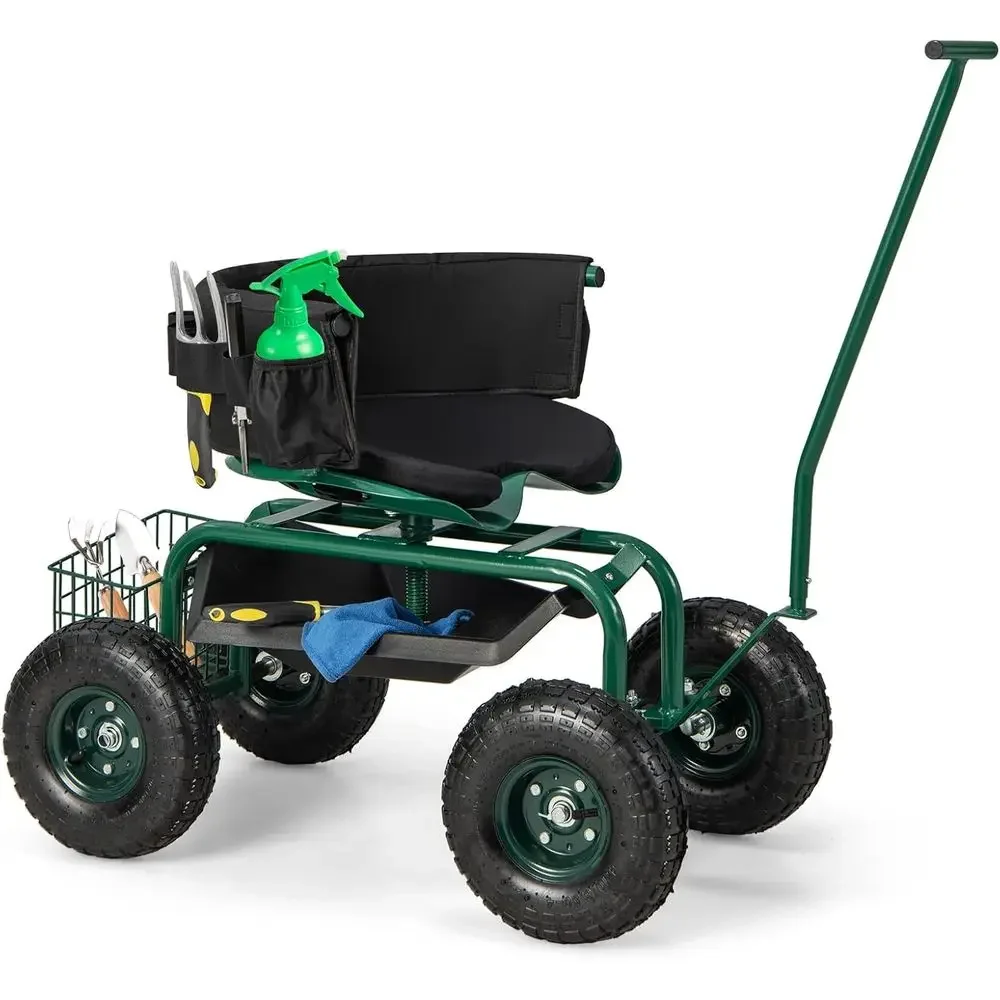 Outdoor Garden Cart with Swivel Seat, Tool Storage, and 360° Rotation for Lawn and Patio Gardening
