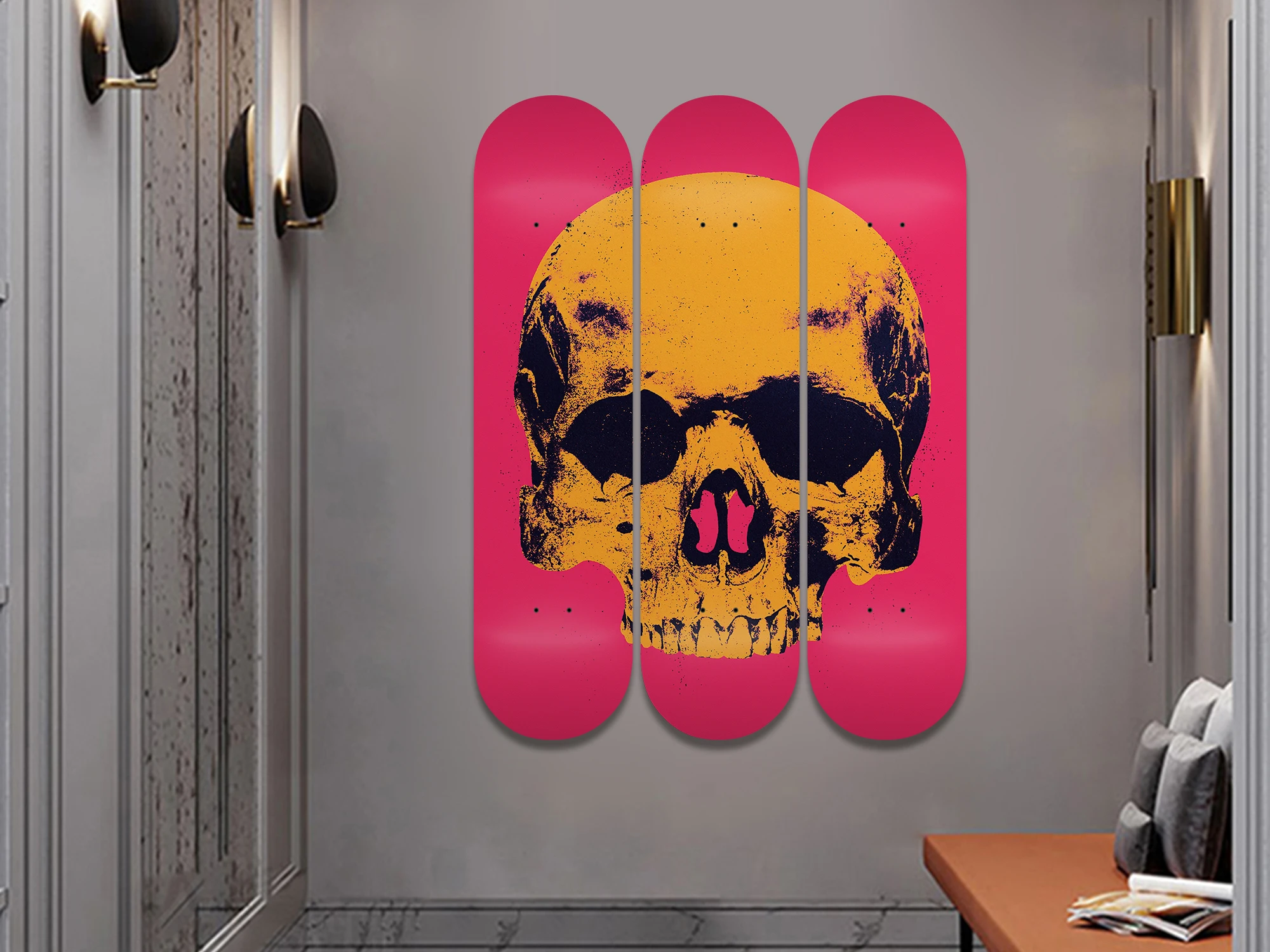 3pcs Abstract Skull Skateboard Wall Mural Pop Art Pro-Grade Skate Deck Wall Plates for Bar Club Game Room Wall Decoration