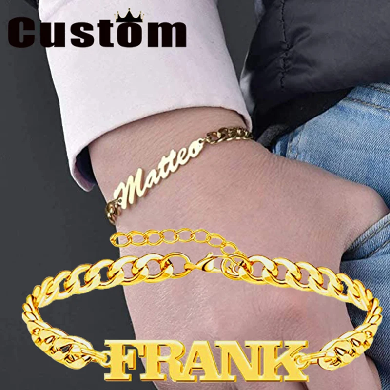 Pulsera personalizada con nombre para hombre y mujer, brazalete de acero inoxidable, joyería Punk, regalo de moda