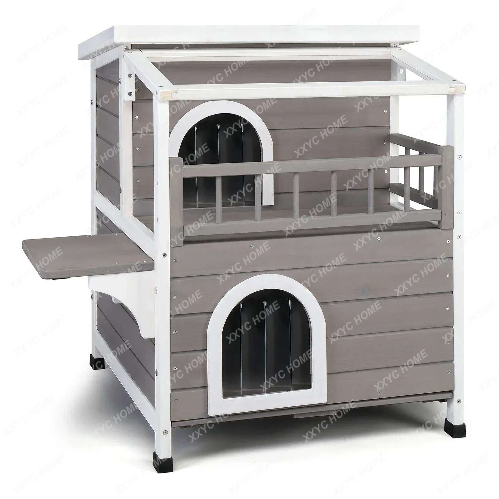 TTWooden Cat house 2-Story Indoor Outdoor Luxurious Cat Shelter House with Transparent Canopy, Large Balcony