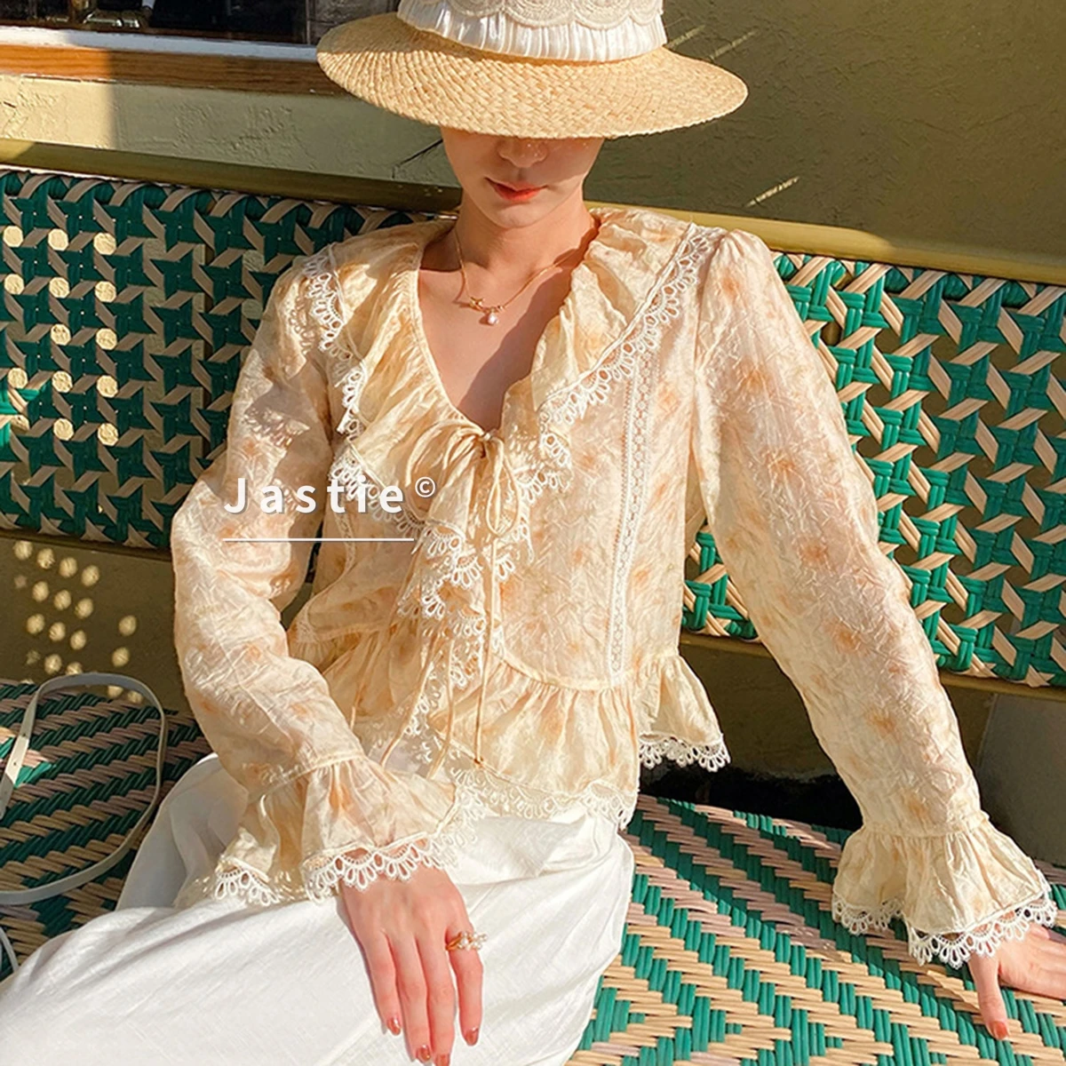 

French Vintage Ruffle Lace Blouse Women Romantic V Neck Floral printed Shirt Elegant Flare Sleeve bohemian beach Tops 2026