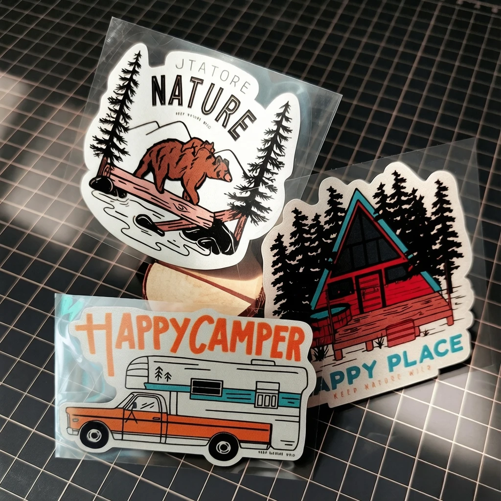1pc 2D Flat Vintage Camping Vinyl Decals, Waterproof Nature Stickers for Car Laptop Motorcycle Helmet Decor