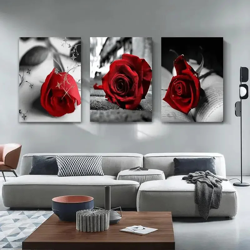 3pcs Red, roses - Modern abstract wall decor, framed and ready to hang, suitable for living room, office, cafe aesthetic wall