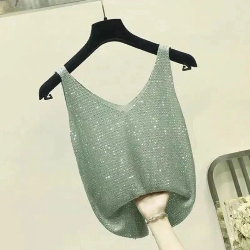 Camicia con fondo in maglia di strass senza maniche gilet di seta brillante per le donne camicetta lavorata a maglia di seta di ghiaccio con scollo