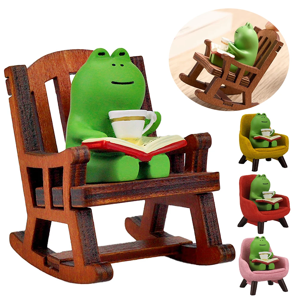 Drinking Coffee Frog Micro Landscape Funny Frog Reading Sculpture Miniature Frog Read Book Figurines for Shelf Desk Decoration