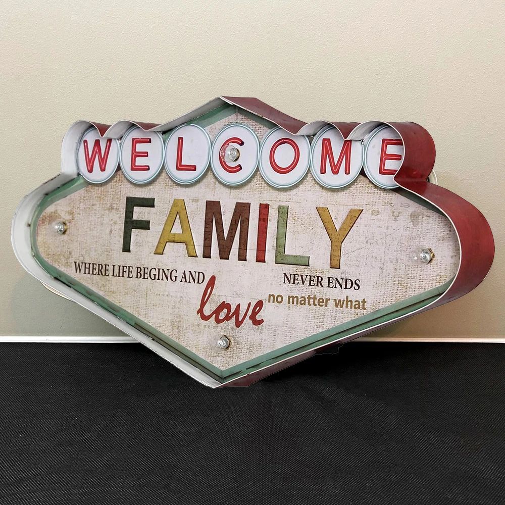 Welcome Love Family Retro Light Sign,Retro metal Tin Sign, Vintage wall Decoration LED Light Plaques For Living room 25x49x5 cm