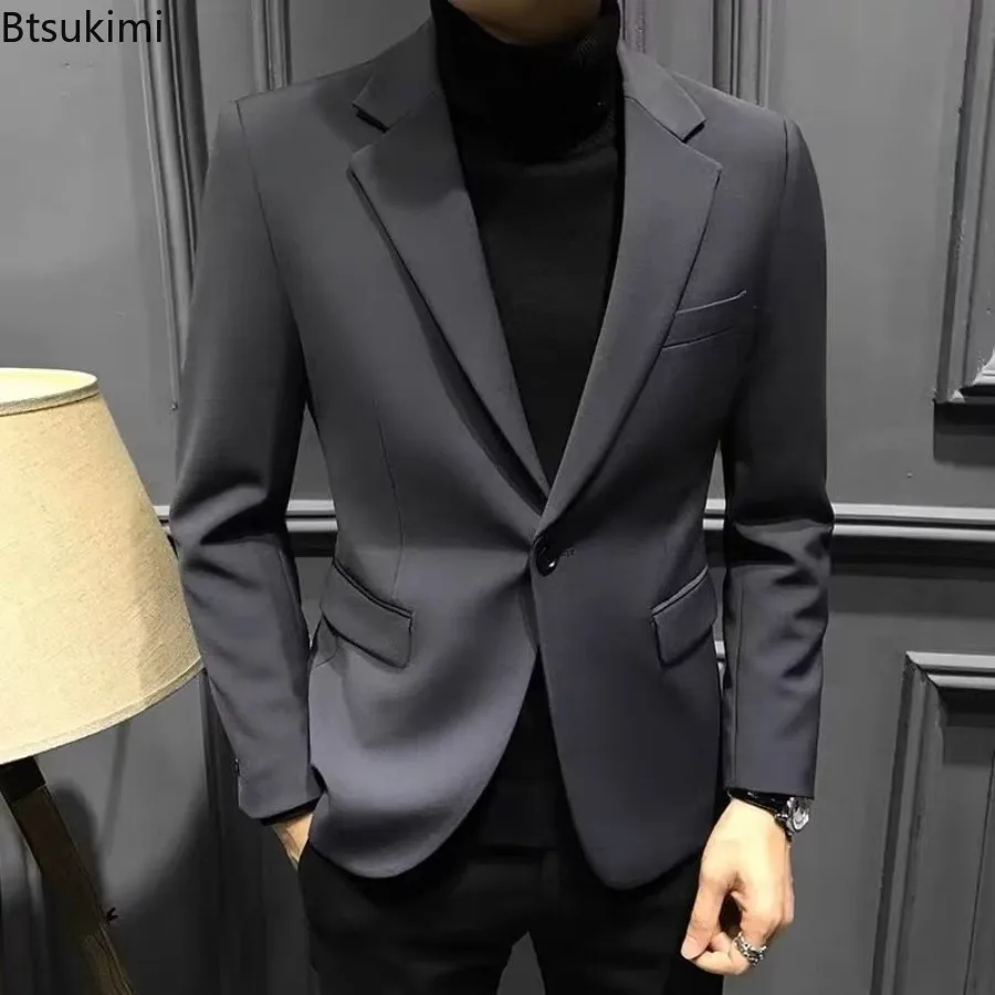 

2025 Spring Autumn Men's Elegant Blazer Simple Slim Fit Single Button Suit Jacket Coats Fashionable Business Casual Small Suit