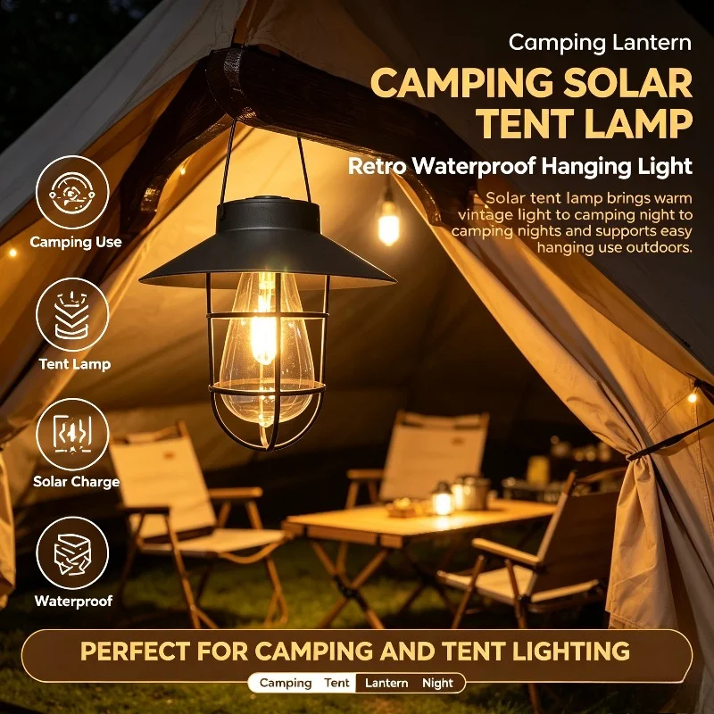 Retro Solar Lantern Outdoor Vintage Metal Waterproof Solar Light with Tungsten Bulb for Garden Patio Hanging Tent Lamp Warm Glow