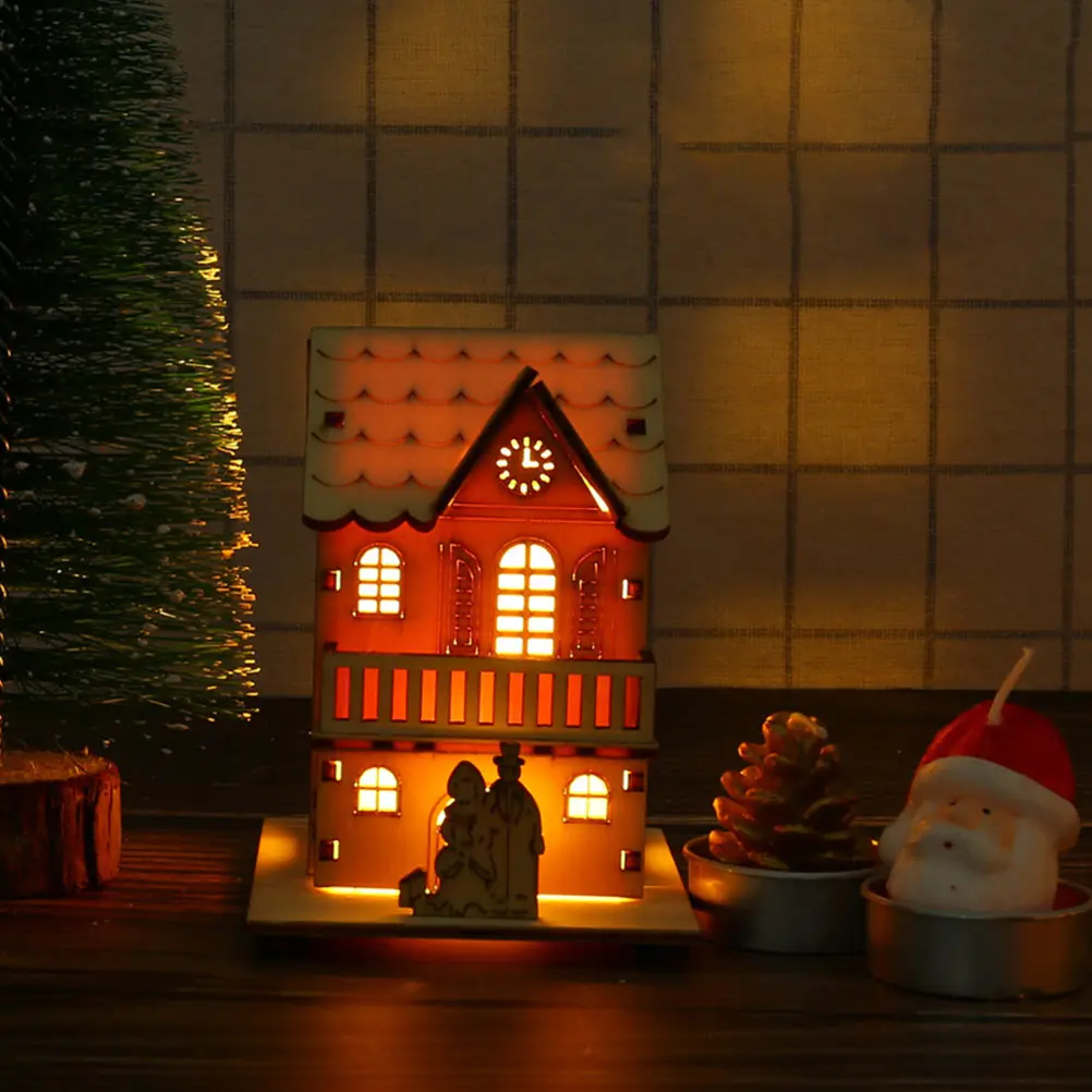 

2Pcs Luminous Decor Christmas Wooden House nament Festival Scene Adornment Glow Cabin Xmas Home Bar Restaurant Shop