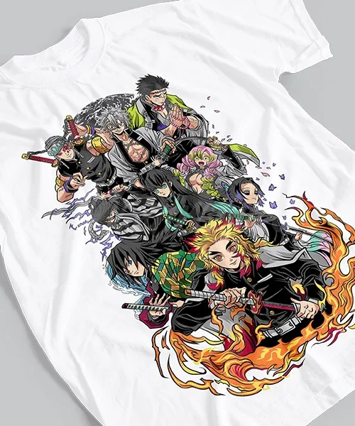 Camiseta unisex Demon Slayer personajes en combate Pilares y Ex pilares Cotton anime T-shirt