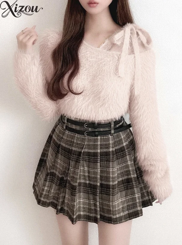 

Korean Japanese Knitted Tops Women Autumn Winter Spring Faux Fur Plush Velvet Off-Shoulder V-Collar Long Sleeve Sweater 2025