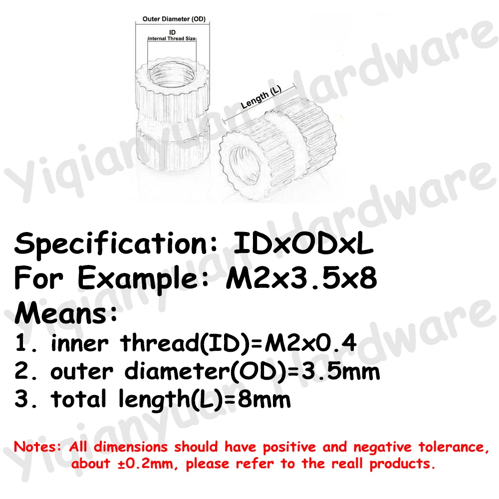 Yiqianyuan M2x0.4 황동 핫멜트 사출 성형 너트 구리 널링 삽입 스루홀 산업용 내장 너트