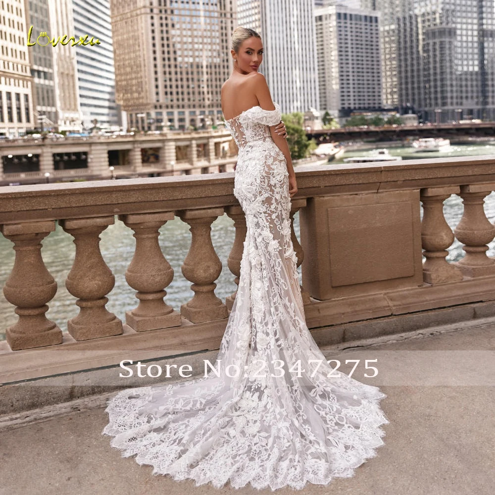 Loverxu حورية البحر فساتين زفاف أنيقة قارب الرقبة البوق فيستدو دي نوفيا الدانتيل والتطريز خمر مخصص فستان زفاف