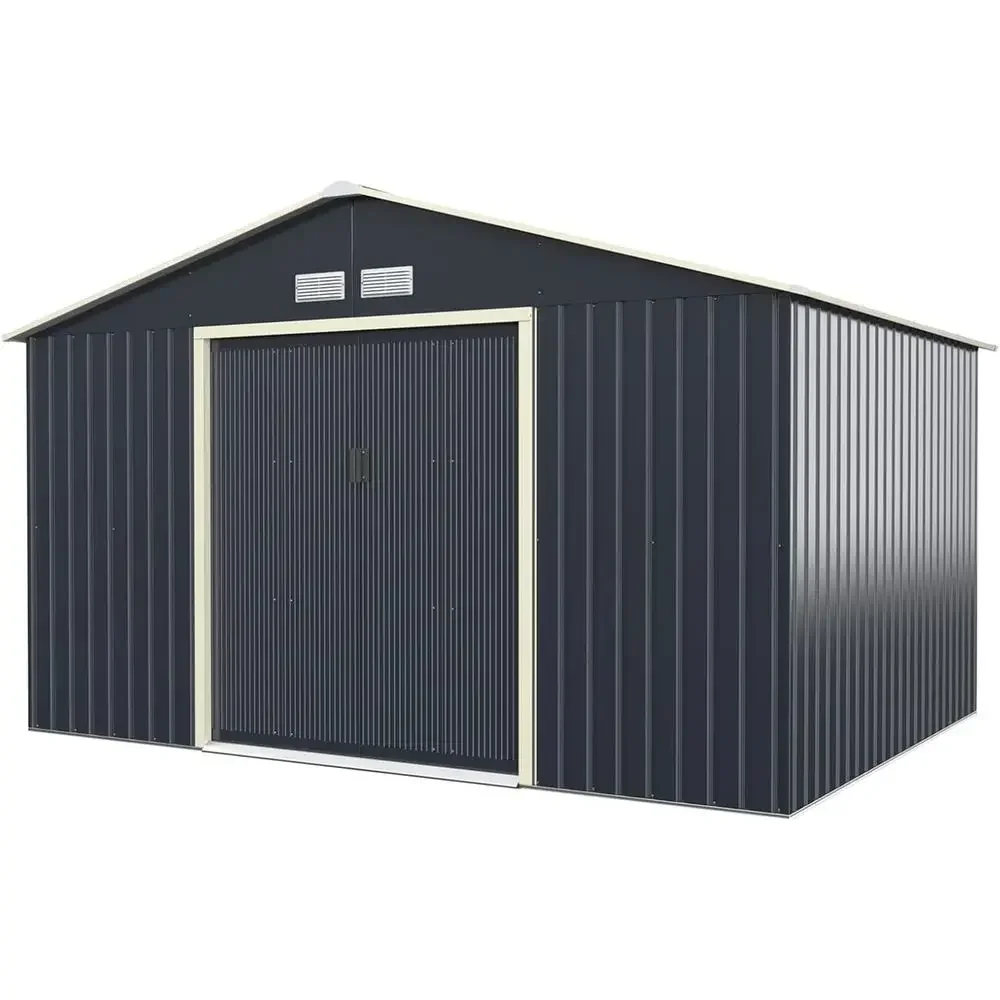 11x8 ft Galvanized Steel Outdoor Storage Shed with Double Sliding Doors, Ventilated, Weatherproof for Garden, Patio, Lawn