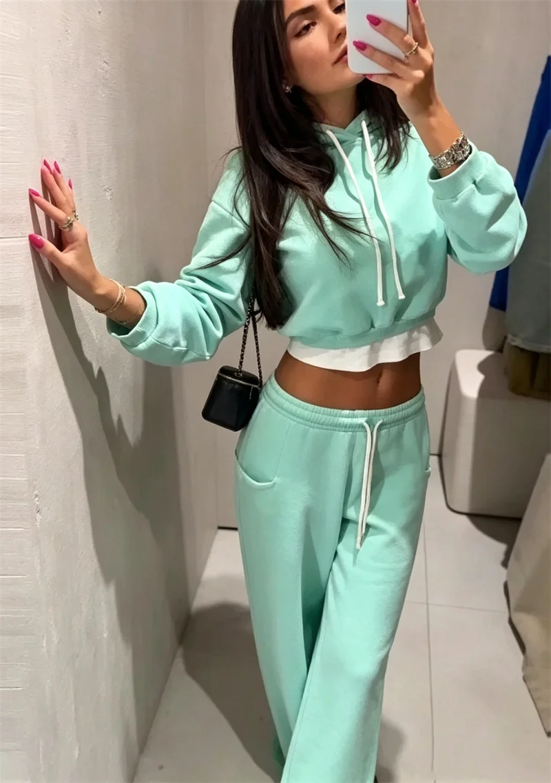 Guobioziy Women's Set 2026 Early Autumn New Style Fashion Hoodie Fluorescent Cropped Sweatshirt with Mid-Waist Wide-Leg Pants