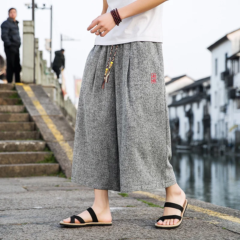 2022 Chinoiserie Embroidery Linen Cropped Summer Ethnic Traditional Dress Wide Leg Pants Men Clothing Plus Size Casual Pant