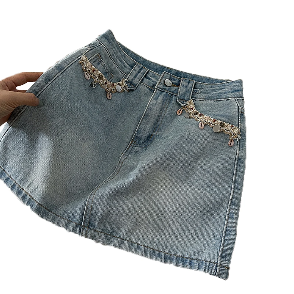 Women Casual A-Line Denim Short Skirt Vintage Solid Color High Waist Pockets Beach Holiday Party Skirts for 18-24 Years Old