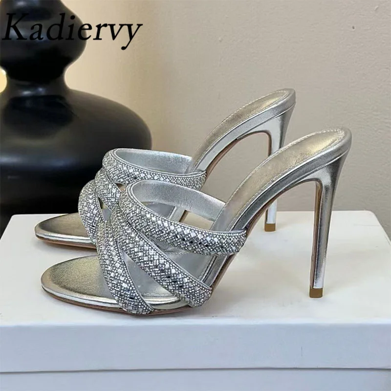 Sexy High Heels Slippers Women Luxury Crystal Party Dress Shoes Woman Summer Slides Rhinestone Stiletto Gladiator Sandals Woman