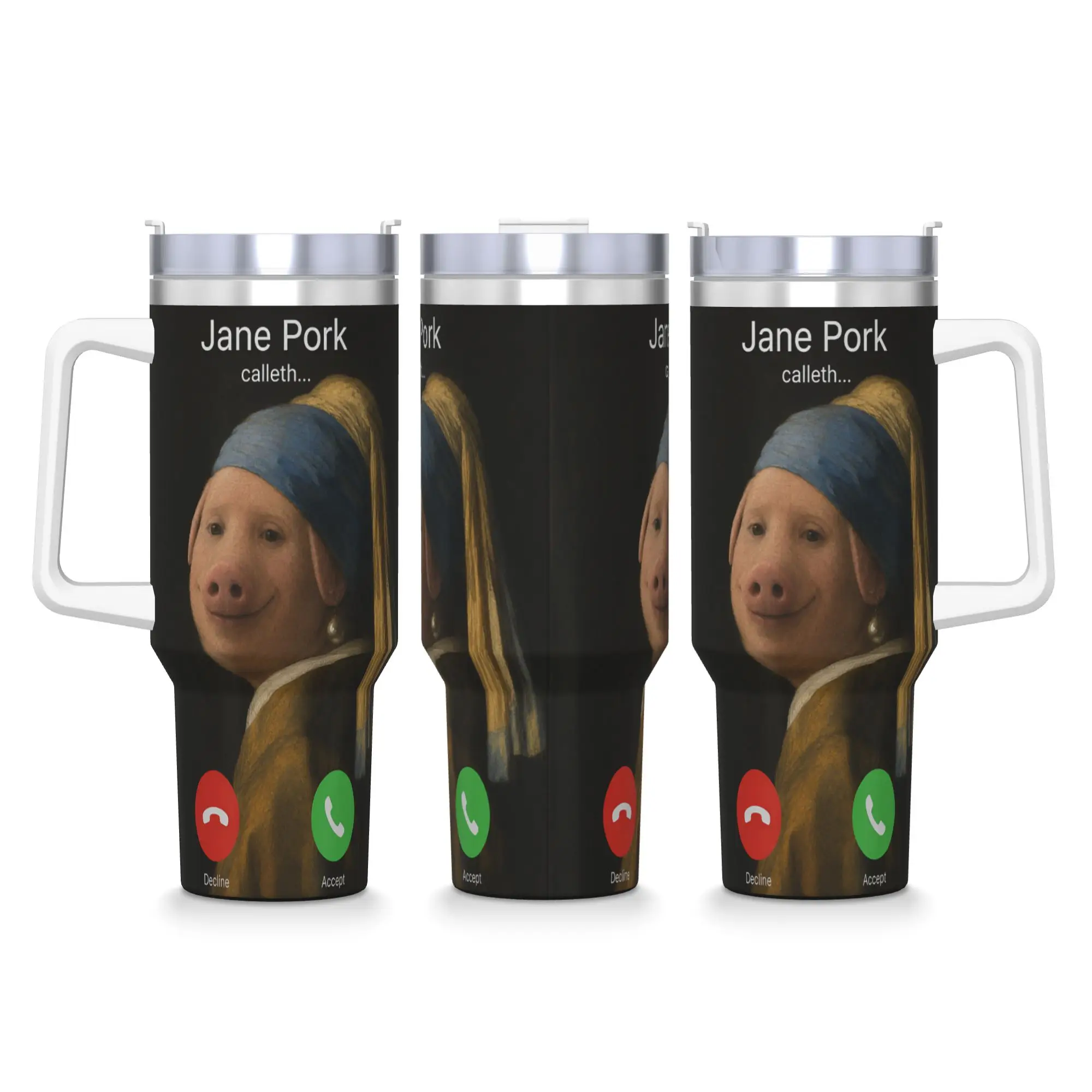 John Pork Girl with a Pearl Earring Vermeer Funny Meme Viral Stainless Steel Tumbler Thermal Cups With Straws 40oz Mugs Cup