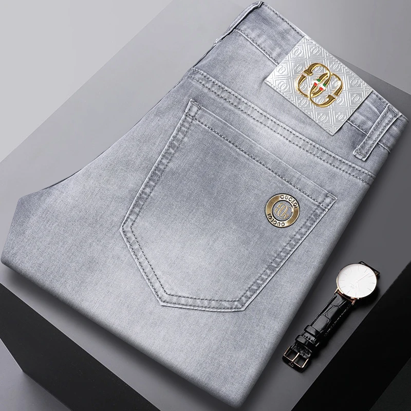 

MEN'S jeans 2024 Summer thin fashion light luxury hot stamping elastic slim fit small feet casual light gray pants