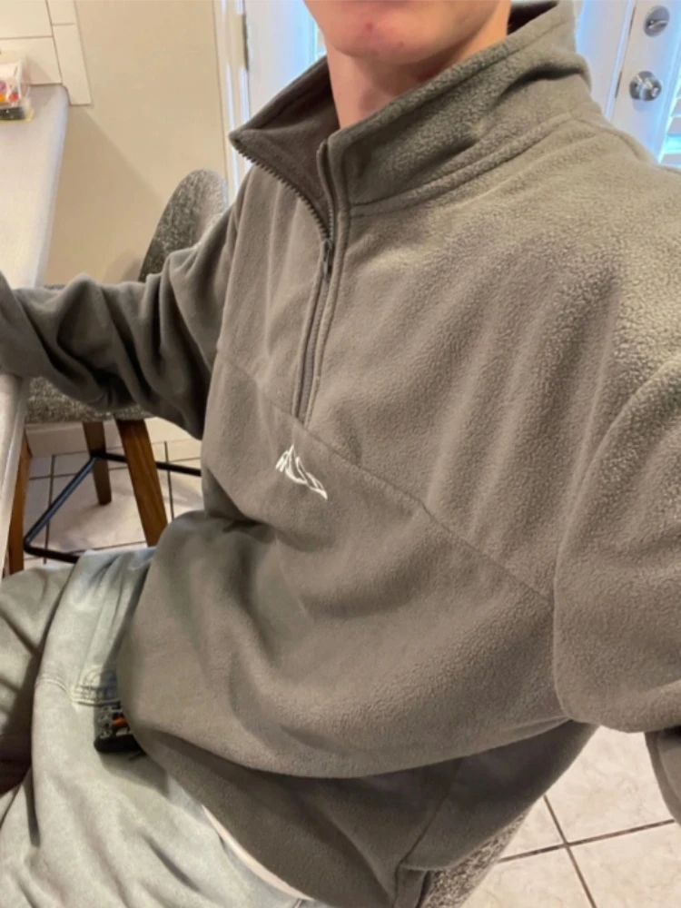 Minimalist Men's Loose Fit Fleece Sweatshirt With Mountain Embroidery  Half Zip Daily Leisure Long Sleeve Tops Hiking Streetwear