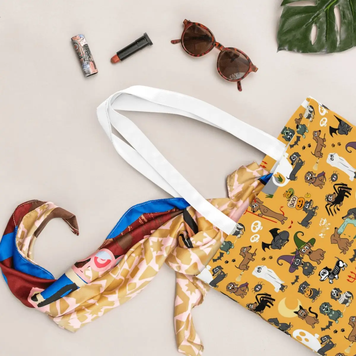 Halloween Dachshund Party Sausage Dog Spooky Shopping Bags Canvas The Tote Bag Foldable for Girls Shoulder Tote Travel Handbag