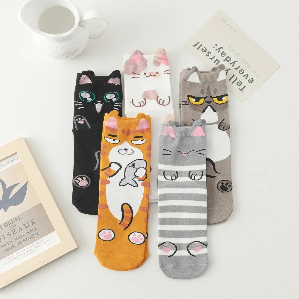

5 Pairs/Lot Women's Fashion Cartoon Socks Japanese Lovely Cat Crew Socks Breathable Student Socks For Ladies
