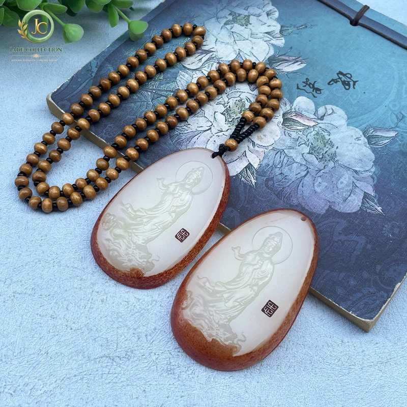 Afghan Jade Guanyin Raw Stone Carving with Skin Color, Standing Dragon Guanyin, Unisex Jade Pendant, Sweater Chain Ornament, Bus