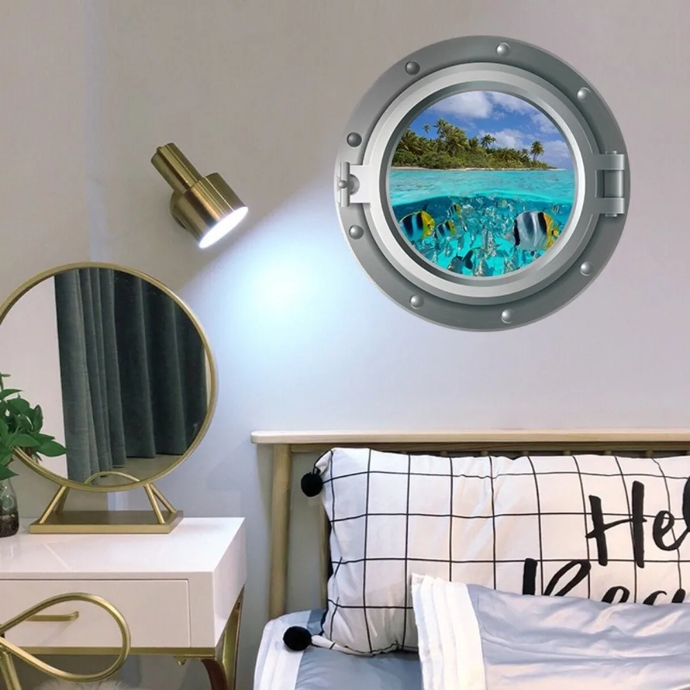 PVC Wall Decals Stickers 35x35cm 3D Effect 3D Ocean Wall Decals Decorative Design Porthole View Style Peel and Stick Wall Decals