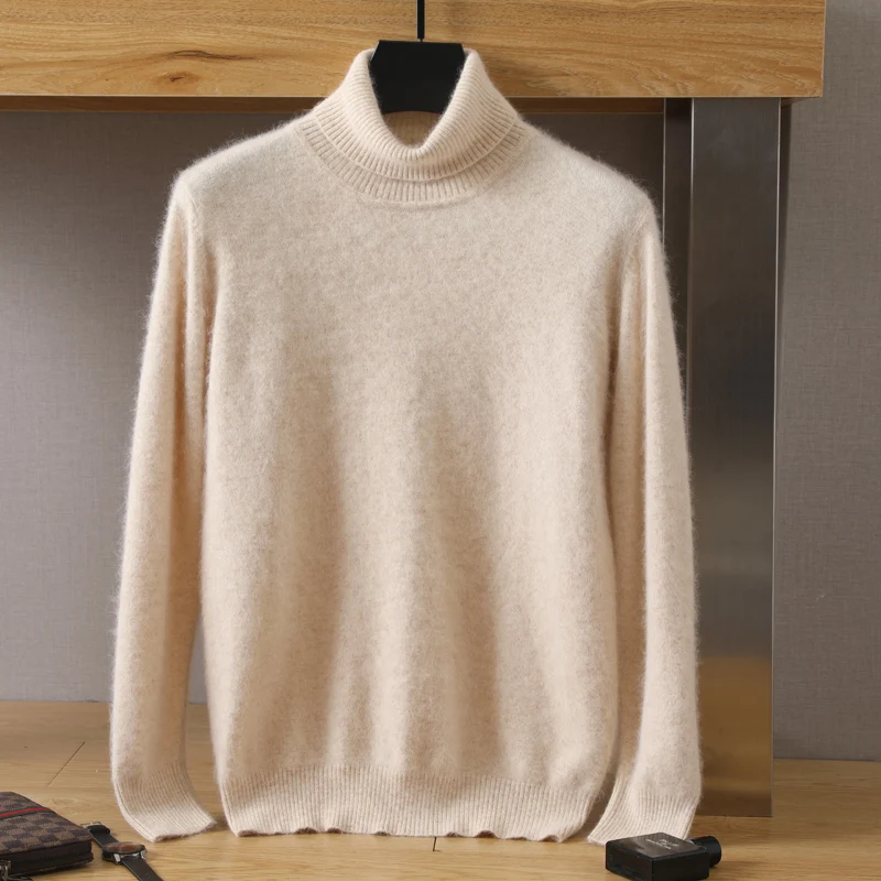 2023 Men's 100% Pure Mink Cashmere Sweater High Lapel Pullover Versatile Casual Knitting Warm Long Sleeve High-End Flat Top