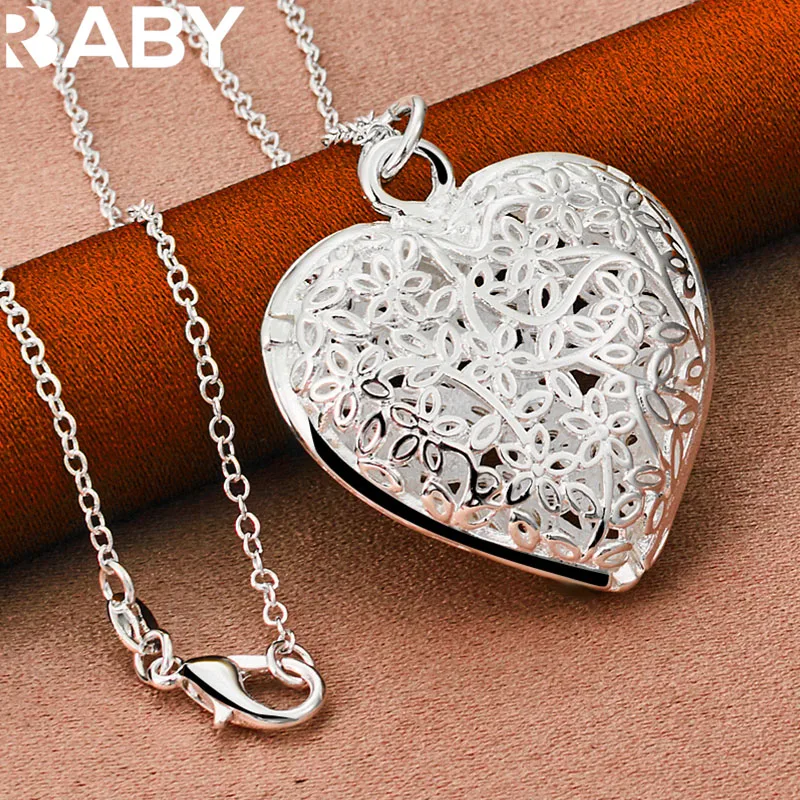 

URBABY 925 Sterling Silver With 16-30 inch Chain Hollow Flower Heart Pendant Necklace For Women Wedding Party Charms Jewelry